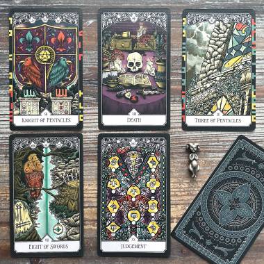 Light in the Mist Tarot - Knight of Pentacles, Death, Three of Pentacles, Eight of Swords, Judgement