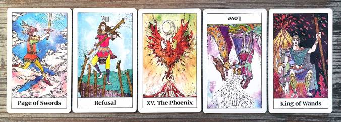 Paintings for Abundance Tarot - Page of Swords, Seven of Wands, The Devil, Two of Cups, King of Wands